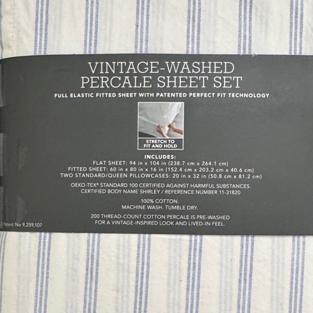 Threshold Vintage-Washed Percale Sheet Set in White and Light Blue Stripes - Picture 4 of 8